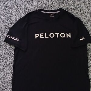 Peloton Black Tee with White Logo and Sleeve Text